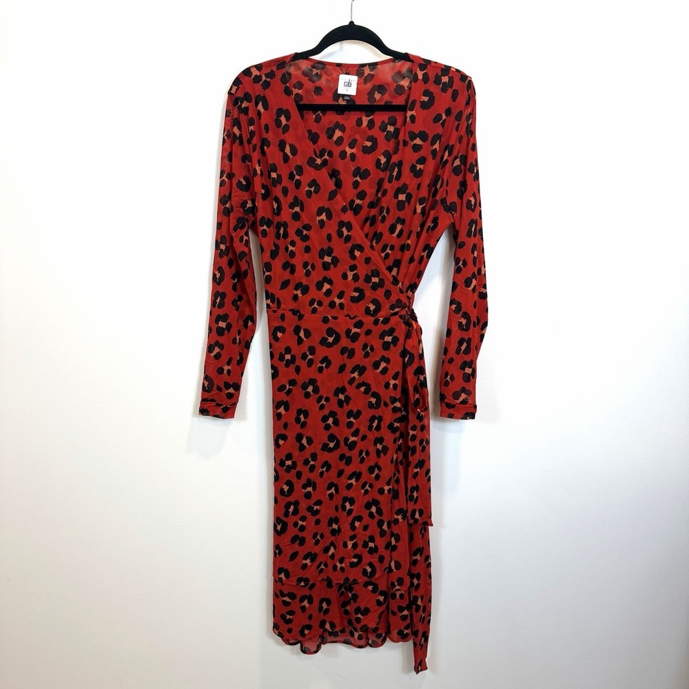 Cabi Womens Large Siren Midi Wrap Dress Leopard Print V-Neck Stretch Long Sleeve